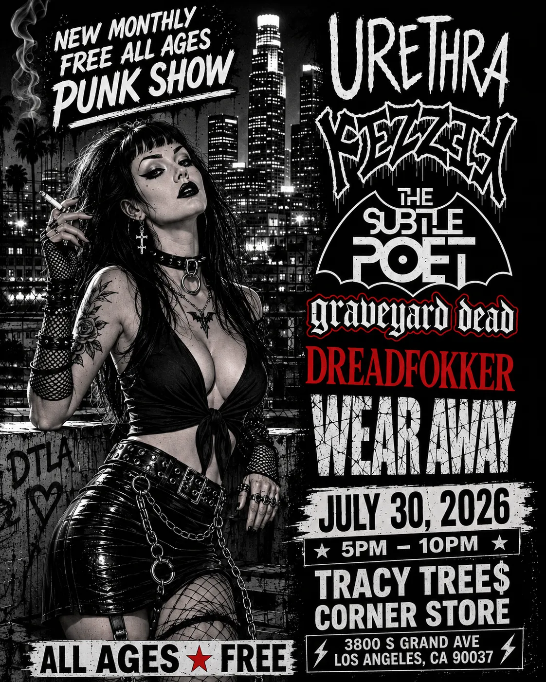 Show flyer: New Monthly Free All Ages Punk Show, Thursday July 30 2026, 5–10PM at Tracy Tree$ Corner Store, 3800 S Grand Ave, Los Angeles
